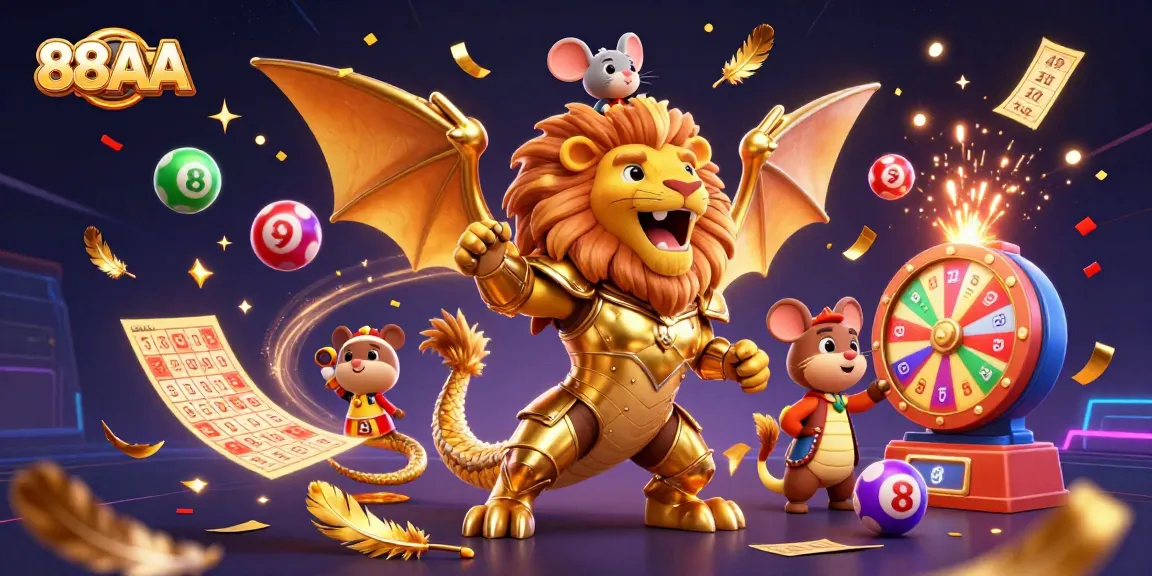 Engage with 88AA in a vibrant casino setting featuring fun lottery elements and dynamic characters.