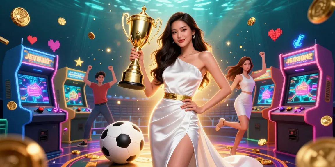 Engage in JeetBangla cricket betting with a victorious Asian woman holding a trophy amid sports and casino elements.