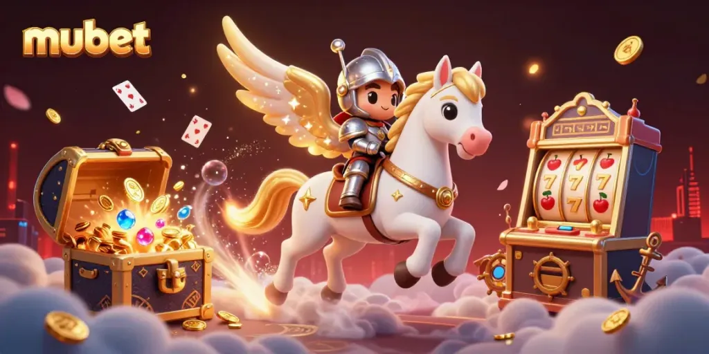 Join the excitement at mubet with a vibrant casino scene featuring spinning slot reels and colorful treasures.