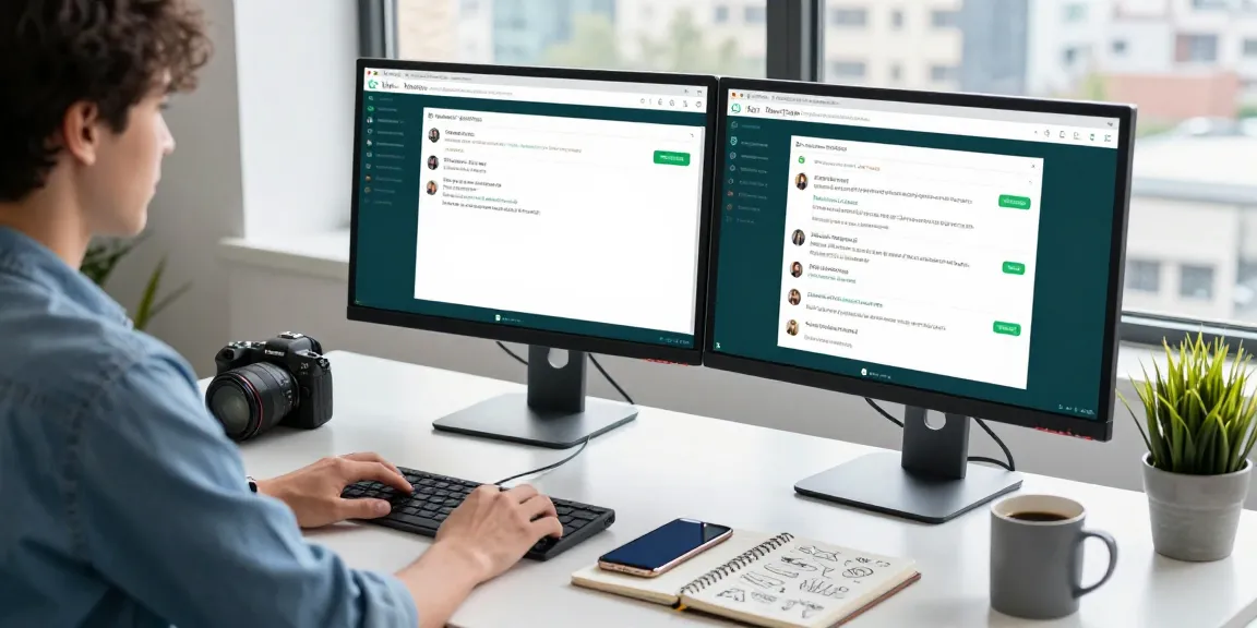 Using WhatsApp電腦版 on desktop with vibrant workspace elements including coffee and plants.