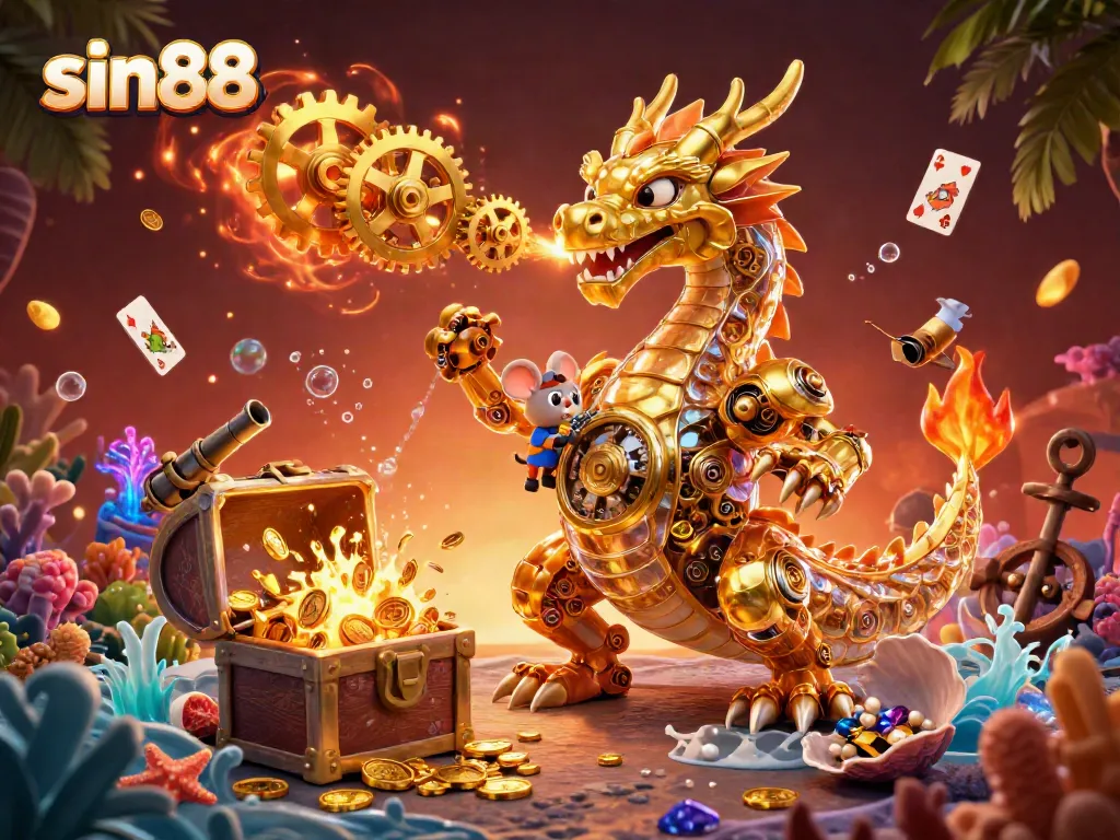 Experience the thrilling action at sin88 with a mesmerizing dragon and golden treasures in an exciting casino environment.