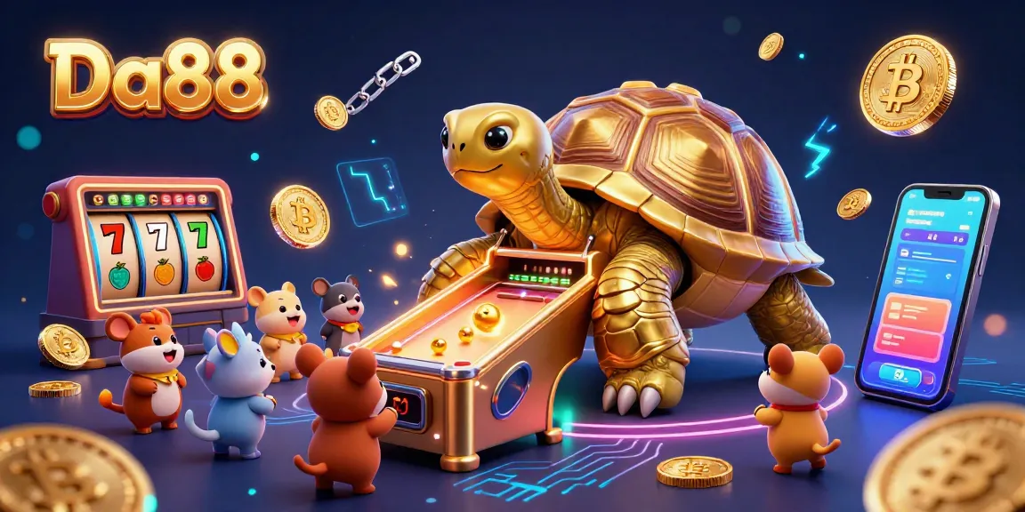 Experience the thrilling action of Da88 with a vibrant scene featuring a giant tortoise pinball casino along with animated gambling elements.