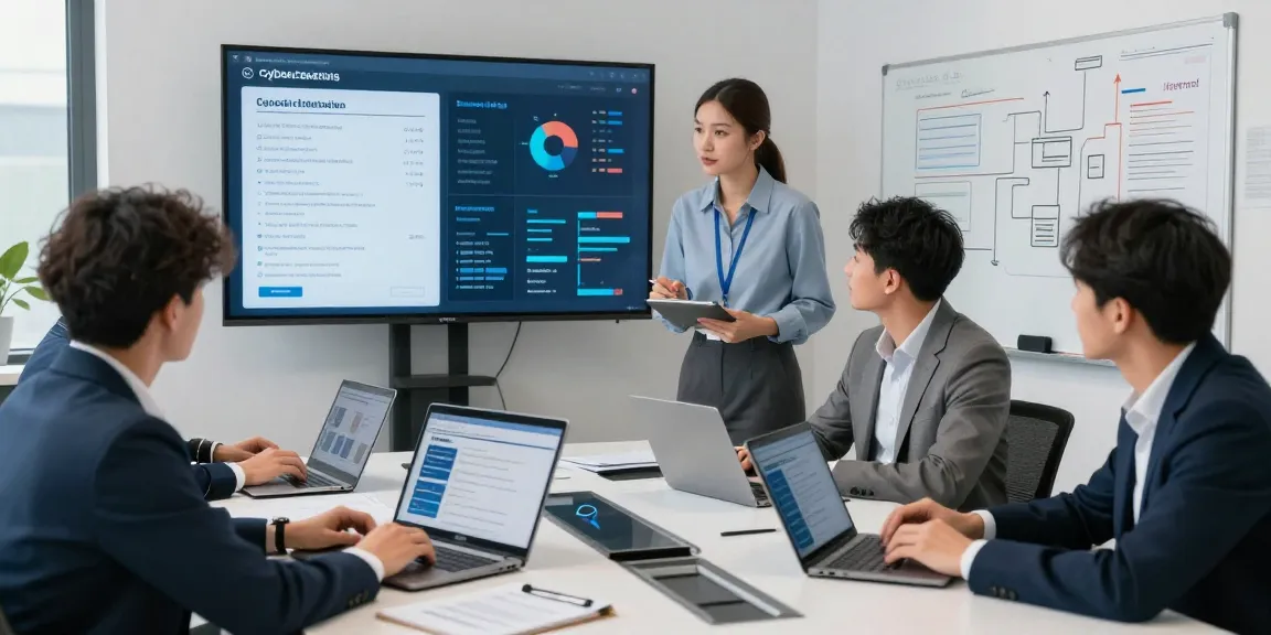 Team discussing a Cyber Essentials quote in a modern cybersecurity office.