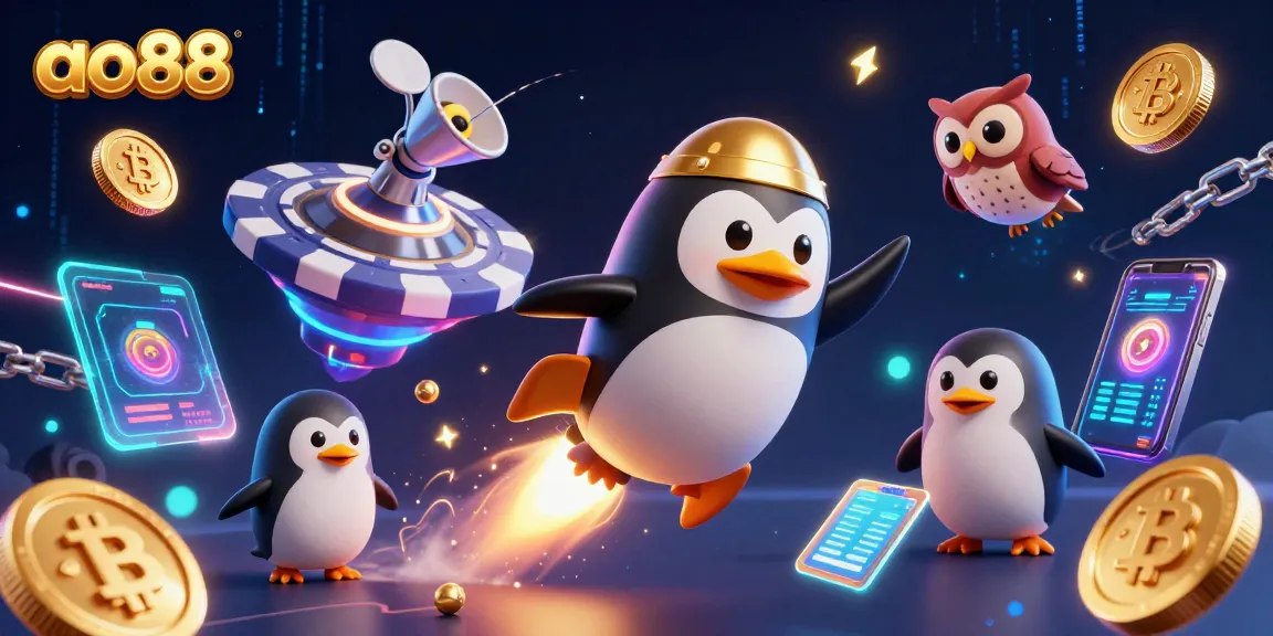 Bet on ao88 with a dynamic golden penguin and vibrant casino-themed elements in space.