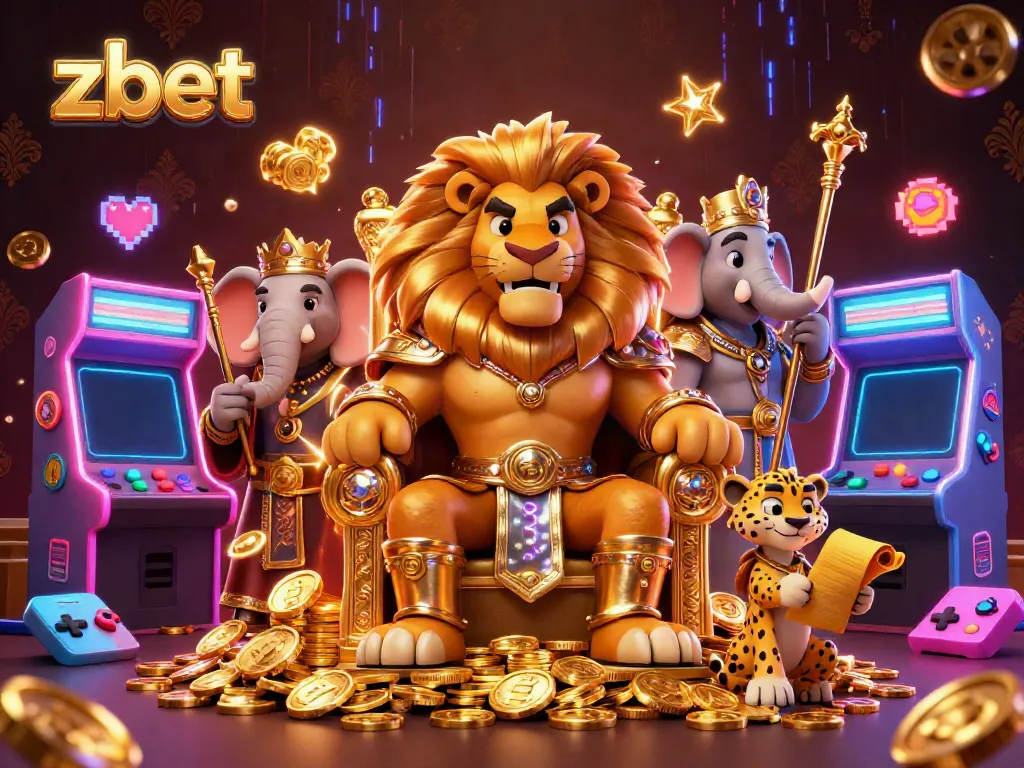 Experience the thrill of zbet with a dynamic 3D cartoon scene featuring a lion king and gaming elements.