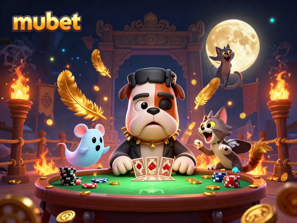 Engaging mubet scene featuring a Frankenstein bulldog dealing cards amidst festive gambling elements and a dramatic setting.