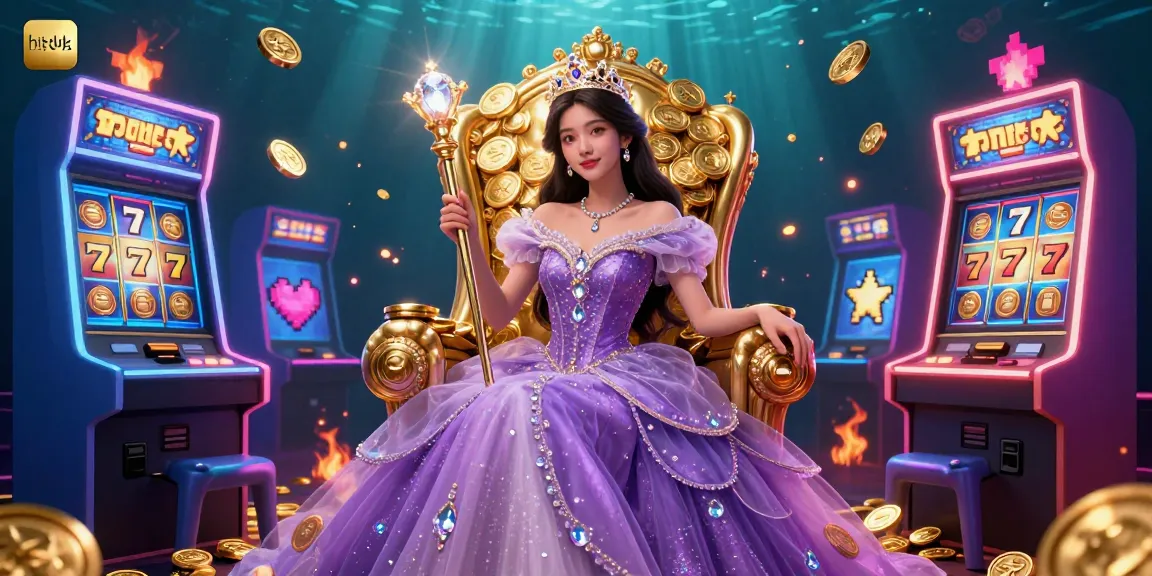 Hitclub's 3D casino scene where a beautiful Asian woman in royal attire holds a diamond-topped scepter amidst vibrant slot machines.