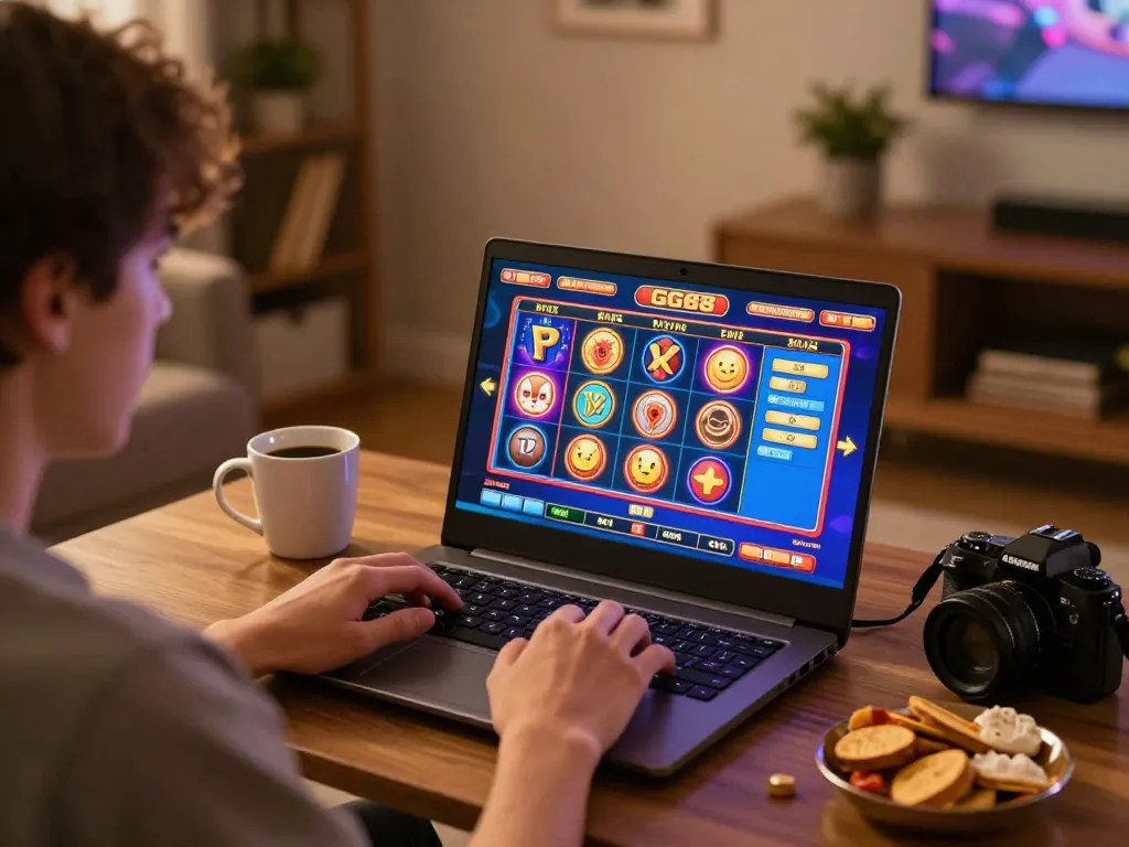 Playing exciting slots on GG88 while relaxing at home with snacks and a warm drink.