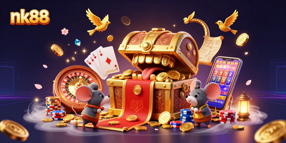 Engage with nk88 online gaming, featuring golden treasure chest and animated game elements.