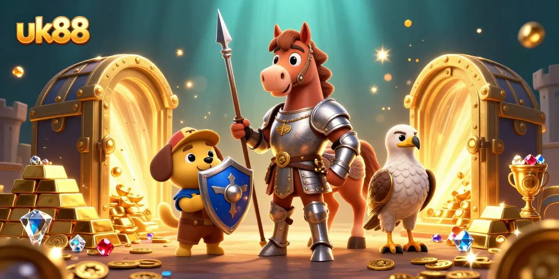 Experience the excitement of uk88 as a medieval knight, squire, and falcon unveil treasure in a 3D casino.