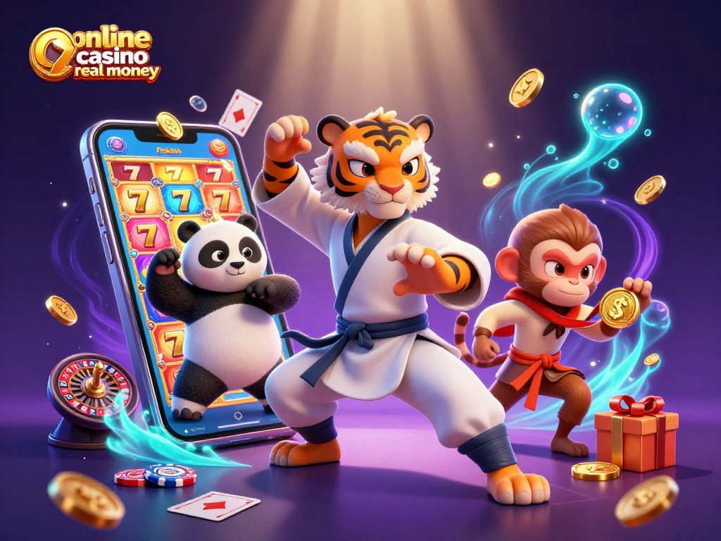 Engaging scene depicting online casino real money activities with colorful slot games and playful animal characters