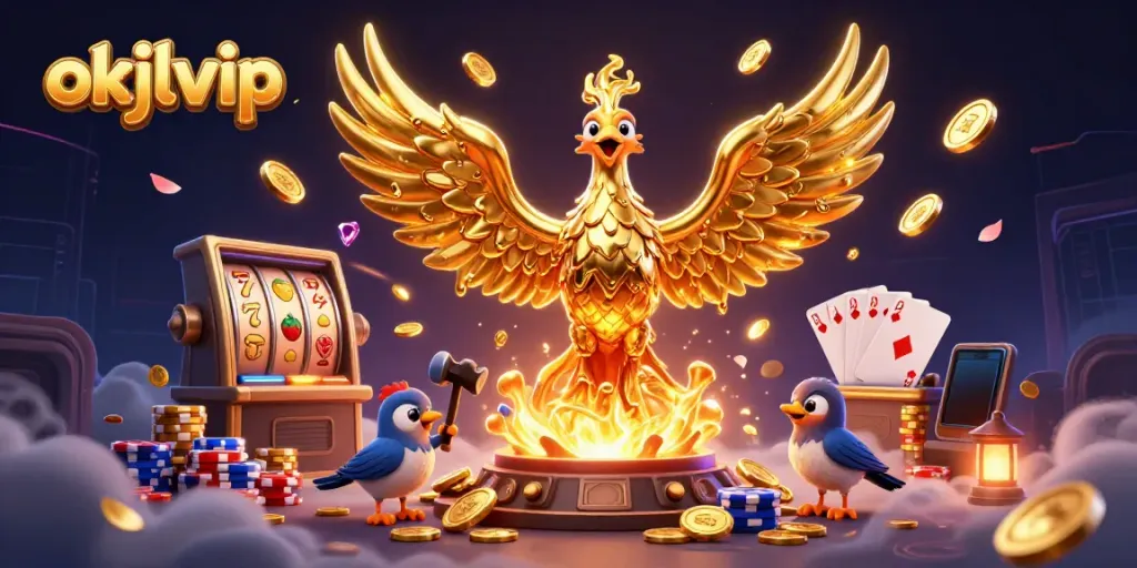 Experience the excitement of okjlvip with this vibrant 3D casino scene featuring a molten phoenix and slot symbols.