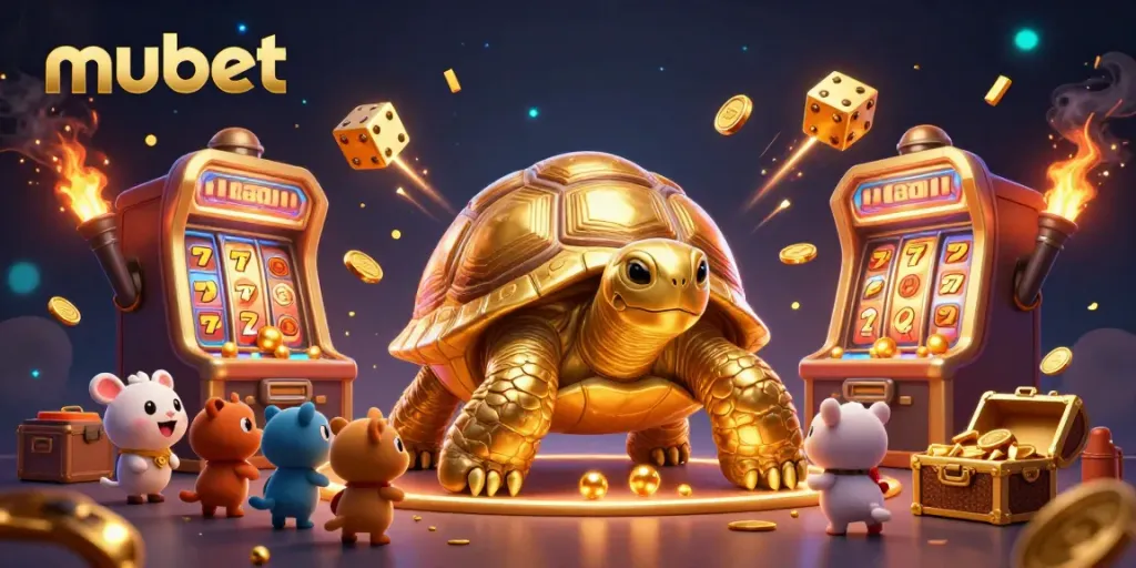 Experience the thrilling world of mubet in this vibrant casino illustration showcasing a golden tortoise and slot machines.
