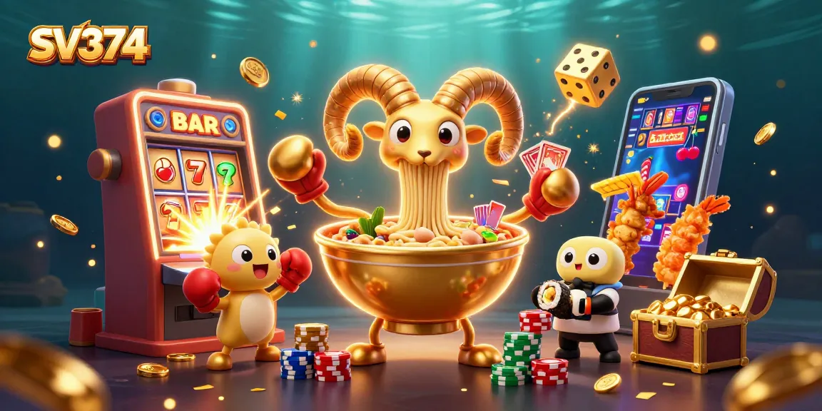 Engage with SV374's vibrant casino world featuring slot machines, golden ramen bowl dealer, and celebratory effects.