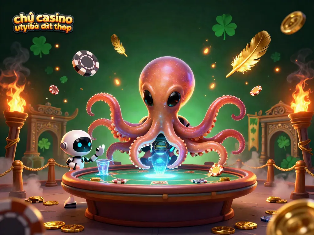 Chơi casino trực tuyến trên điện thoại với hình ảnh sinh động của một bạch tuộc ngoài hành tinh và robot thân thiện.
