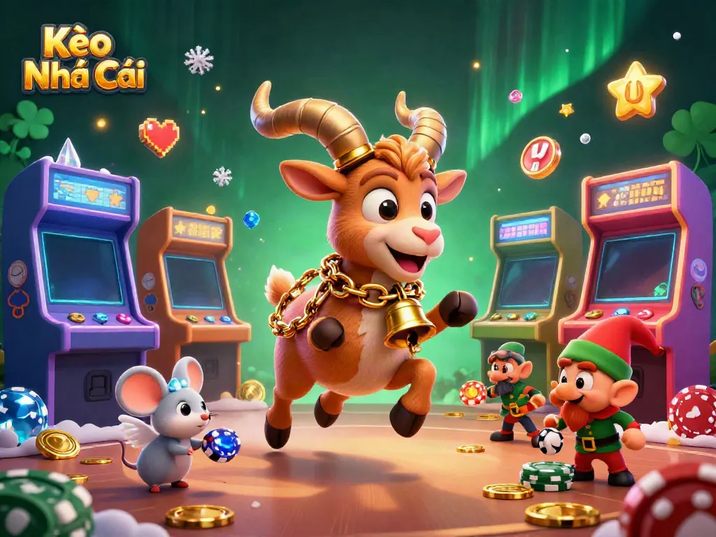 Engage with Kèo Nhà Cái in a festive-casino scene featuring a Krampus goat and playful elves.