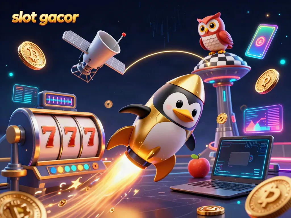 Spin and win with slot gacor through captivating 3D digital casino illustration featuring a golden penguin.