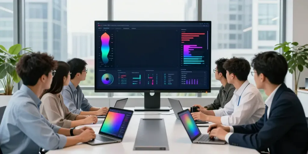 Team collaborating on enterprise AI solutions in a modern office environment.
