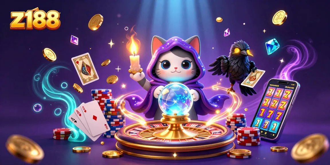Engaging z188 casino scene showcasing a mystical cat and raven amid spinning roulette and shimmering coins.