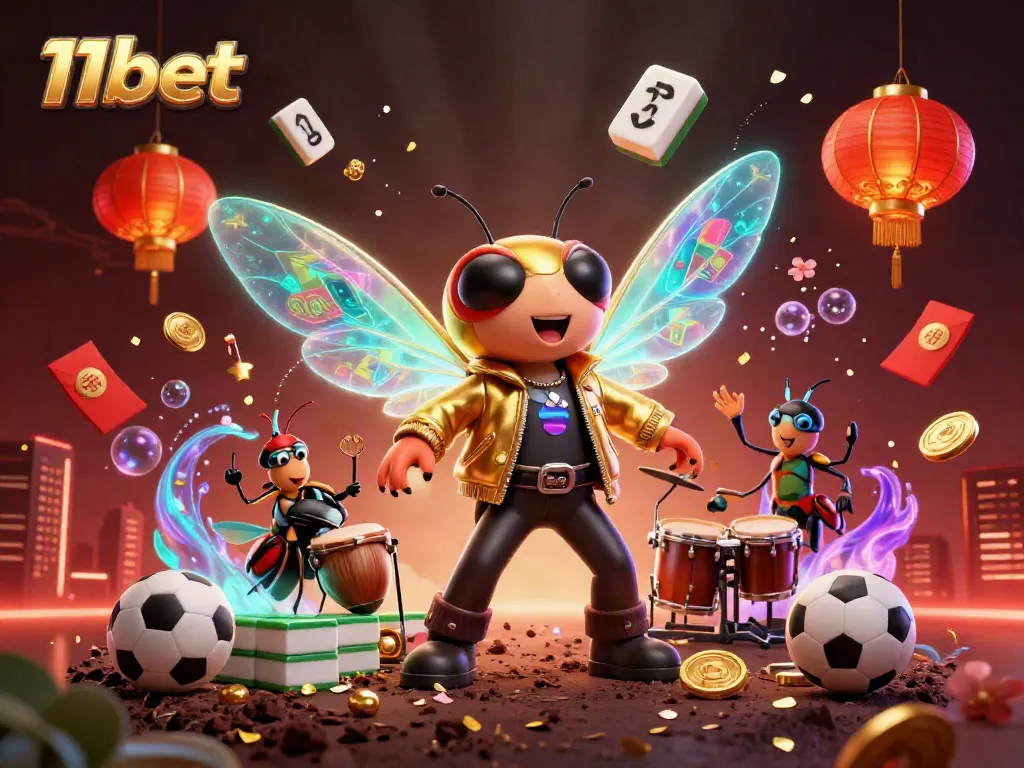 Experience the electrifying atmosphere of 11bet's dynamic casino scene showcasing a rock star cicada and a beetle drummer.
