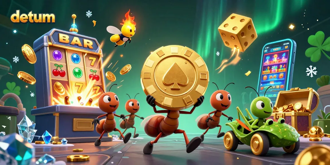 Join the fun at datum with ants heisting a giant poker chip amidst casino excitement.