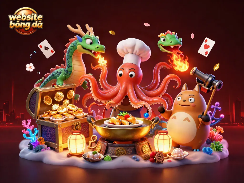 Engage with the thrilling world of website bóng đá through colorful digital illustrations featuring dynamic characters and gaming elements.