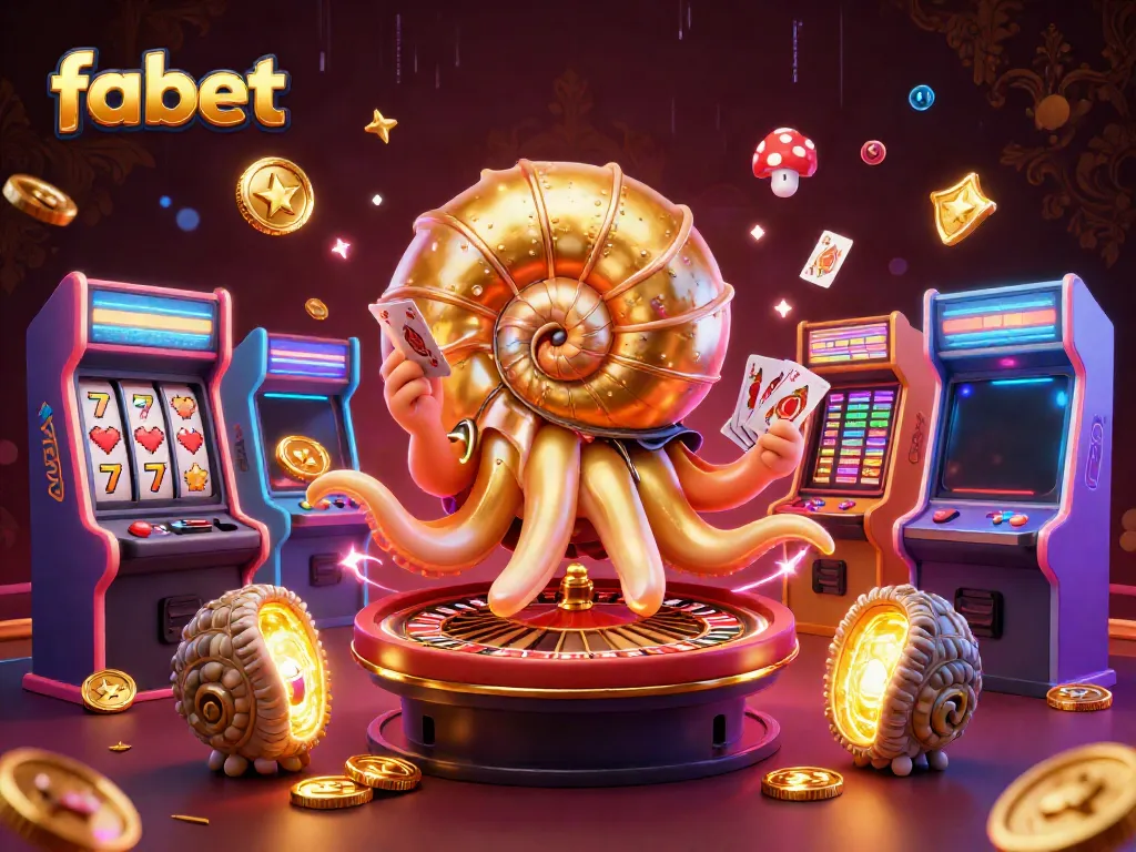 Experience thrilling gameplay at fabet with a vibrant scene of a giant nautilus roulette wheel, slot elements and colorful game machines.