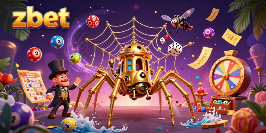 Engaging scene featuring zbet with a golden spider catching dice, surrounded by dynamic casino elements.