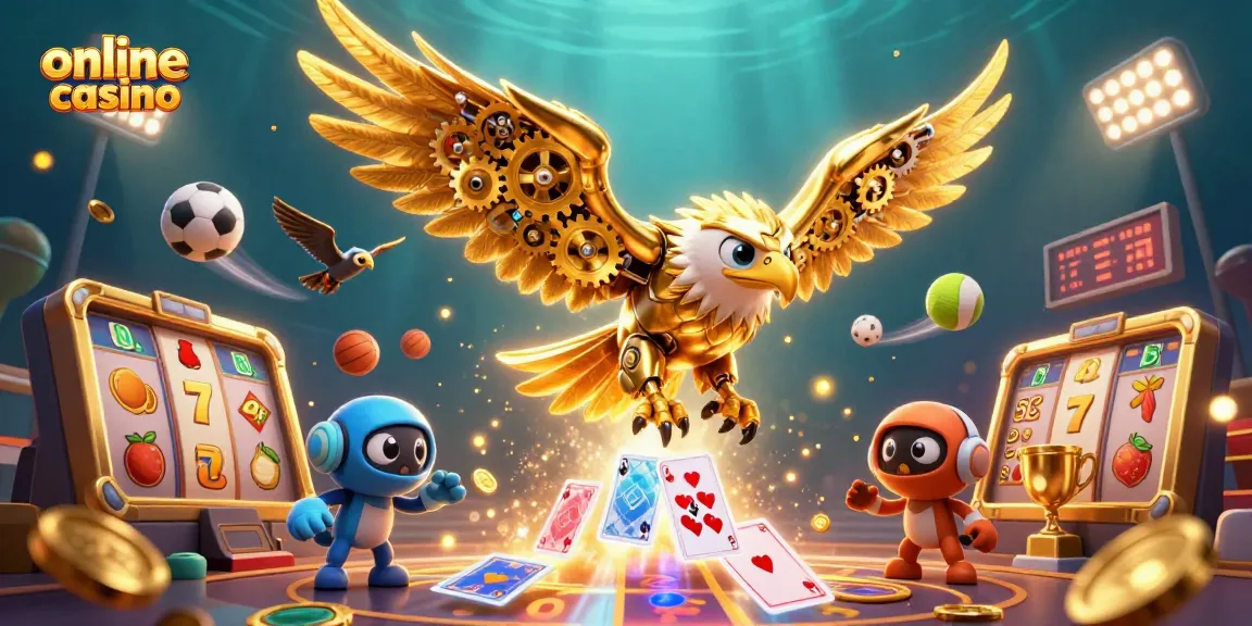 Experience the thrill of an online casino with a dynamic 3D illustration of a golden eagle and vibrant game elements.