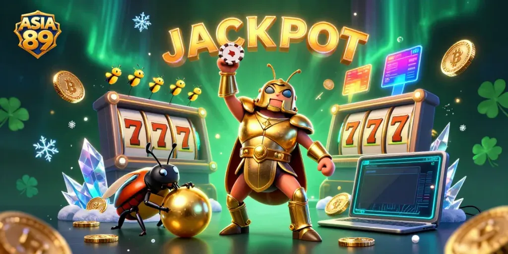 Engage with ASIA 89's vibrant gaming scene featuring a heroic beetle championing casino entertainment.