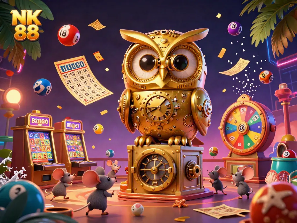 Experience the thrill of NK 88 with a vibrant casino illustration filled with engaging game elements and characters.