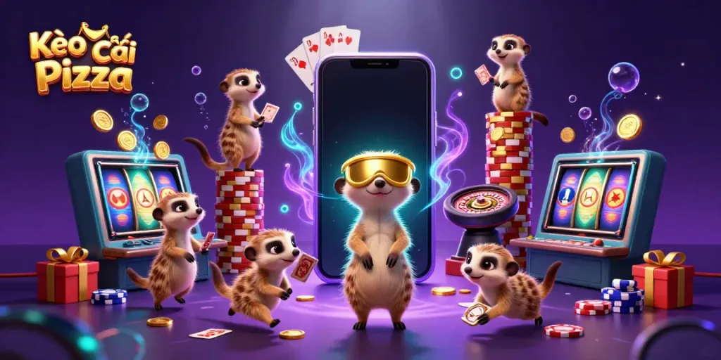 Experience Kèo Nhà Cái Pizza through an intricate meerkat casino scene filled with vibrant game elements.