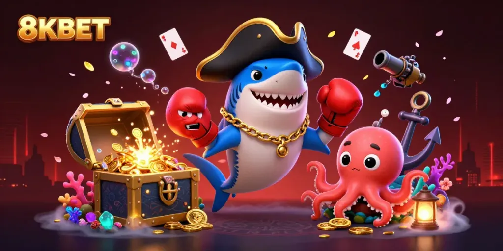 Spin 8KBET's exciting gold-rich games with a cartoon shark and cute octopus in vibrant underwater scene.
