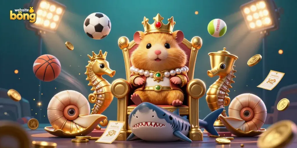 Experience the thrill of the website bóng đá as a hamster king rules from a megalodon throne surrounded by sports elements.