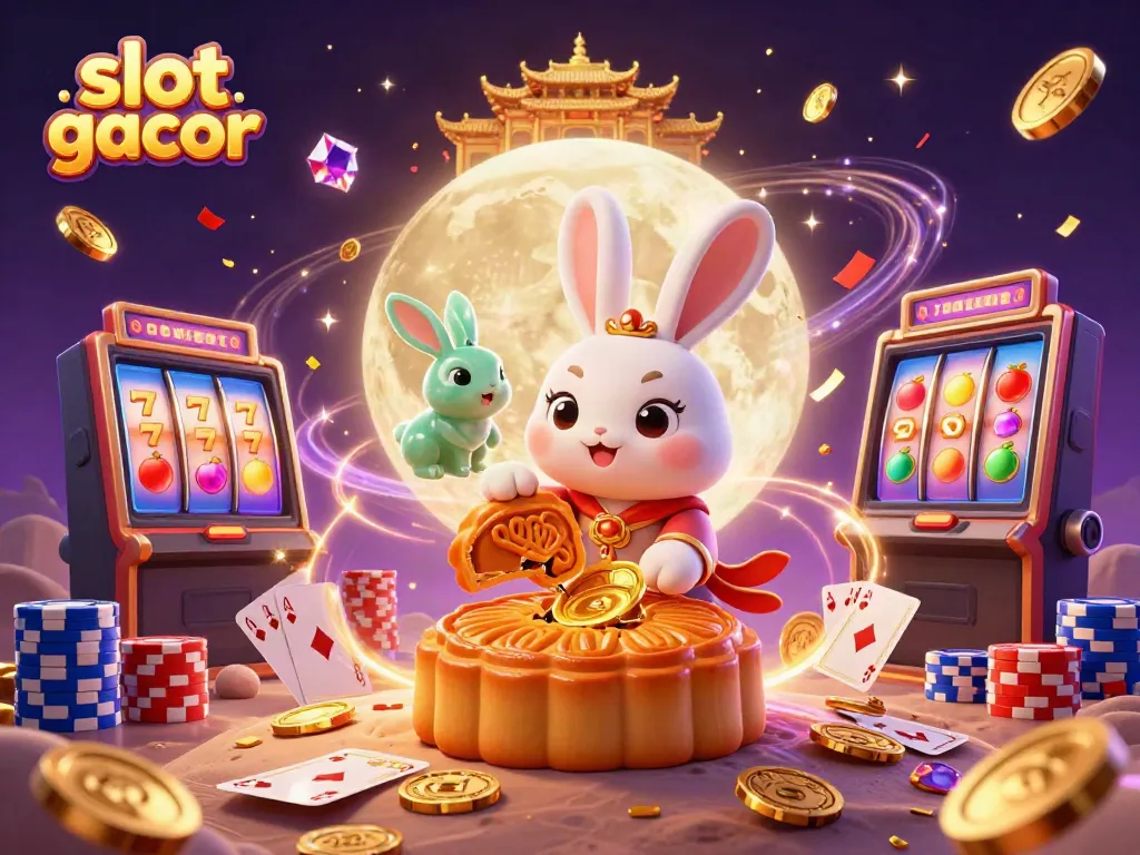 Experience thrilling slot gacor action with a captivating scene of moon rabbits revealing poker chips in a fantasy backdrop.