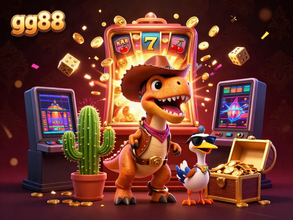 Engage with gg88's thrilling casino experience featuring a dynamic T-Rex illustration amidst jackpot symbols and vibrant games.