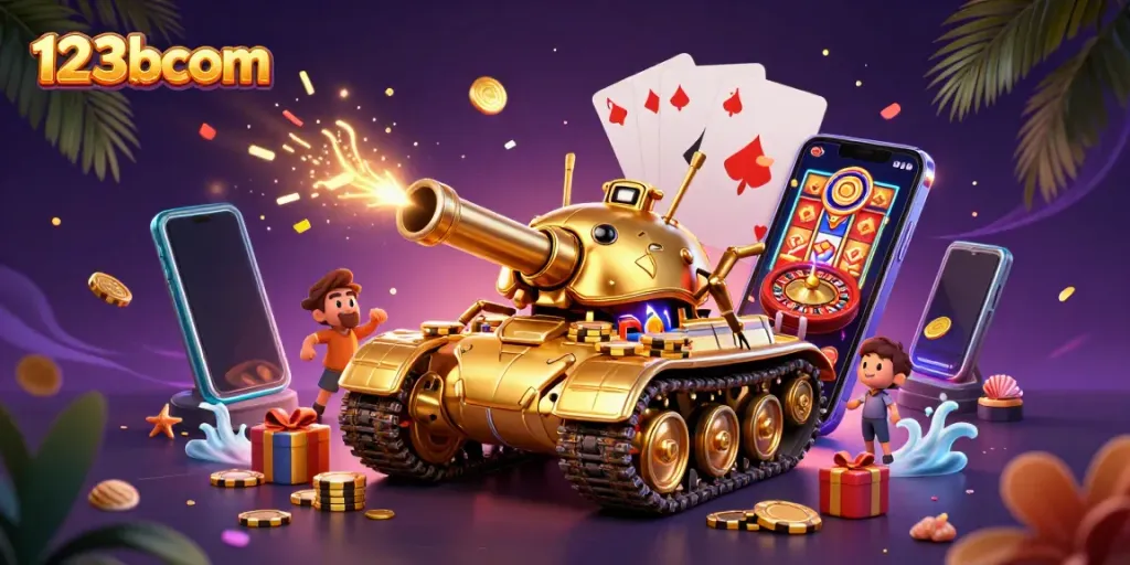 Engage with thrilling games at 123bcom, featuring a vibrant casino scene with a golden beetle tank.