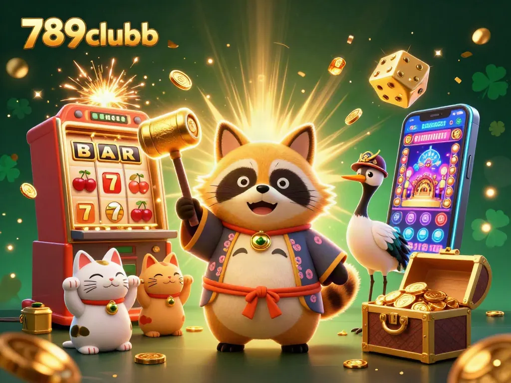 Play big jackpots with 789clubb in this vibrant, dynamic casino illustration featuring luck and fortune symbols.