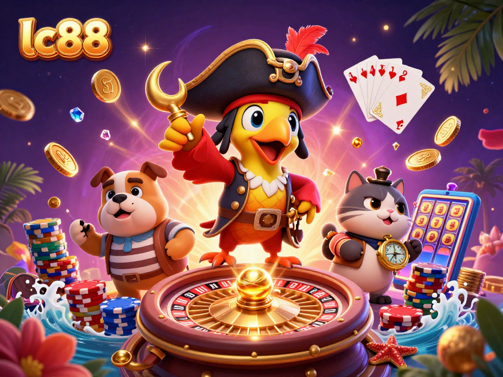 Experience thrilling gameplay at lc88 with a playful pirate captain and friends surrounded by casino treasures.