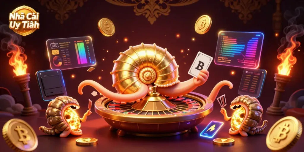 Engage with Nhà Cái Uy Tín in this vibrant illustration showcasing crypto elements and dynamic gaming visuals.
