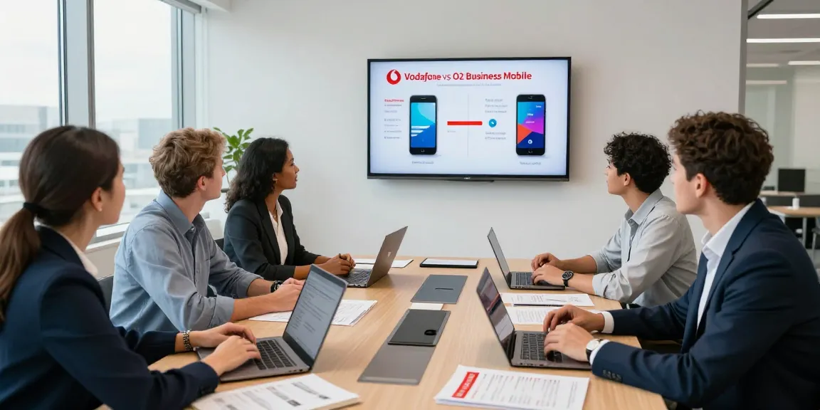 Comparison of Vodafone vs O2 business mobile plans in a corporate office during a team meeting.