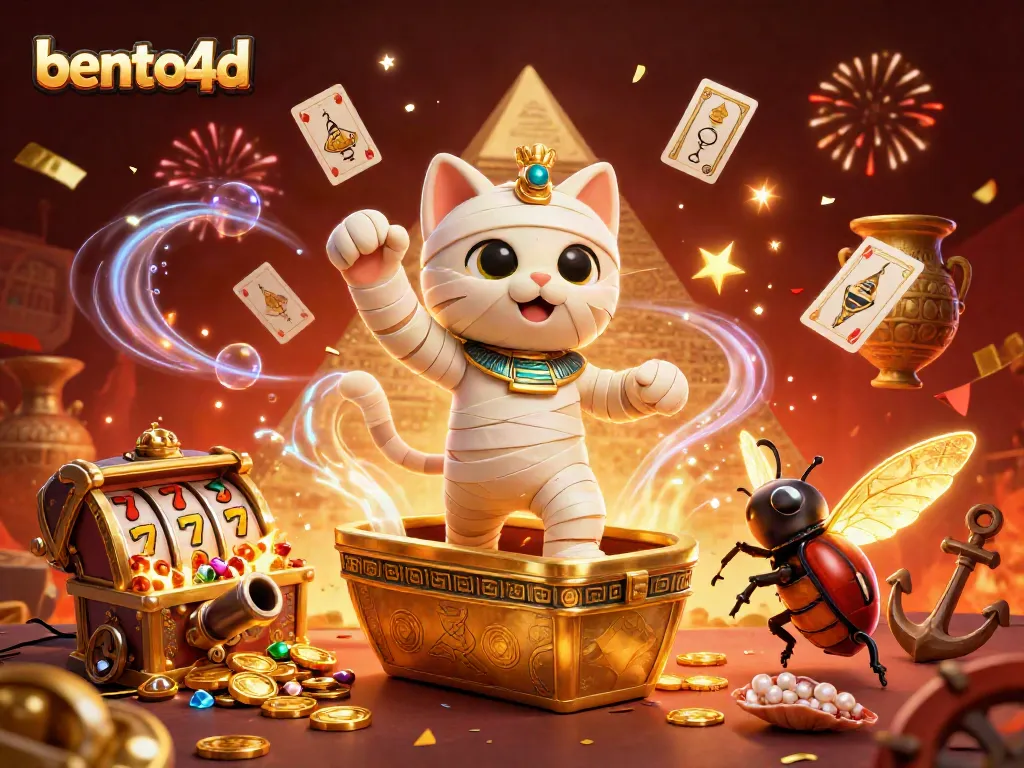Experience thrilling wins at bento4d with an Egyptian mummy cat in a vibrant casino scene.