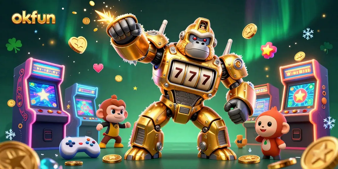 Join the exciting action at okfun with a golden gorilla mech surrounded by vibrant gaming elements.