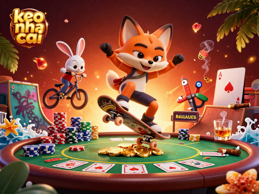 Engage with keo nha cai as a skateboarder fox flips over golden poker chips in a vibrant casino scene.