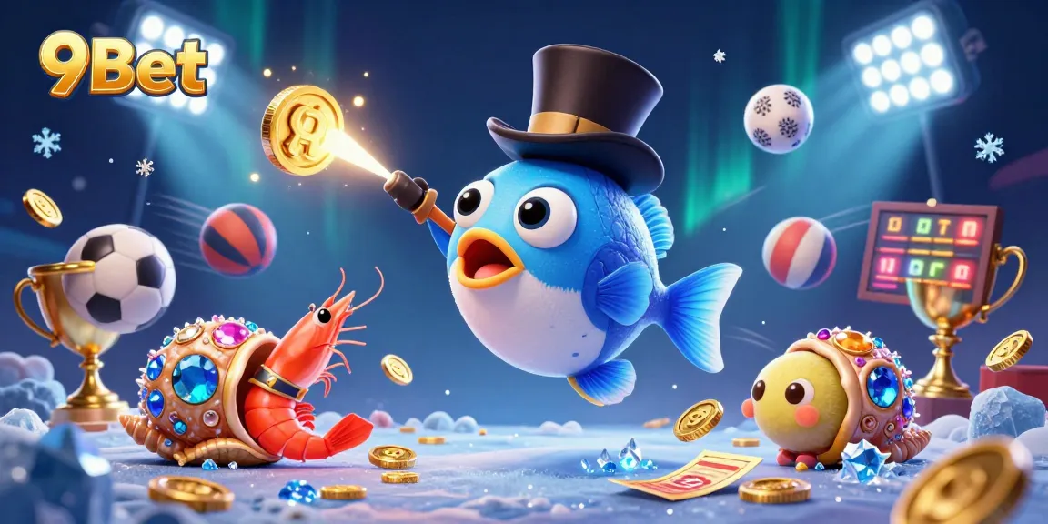 Experience the excitement of gambling with 9Bet in a vibrant underwater-themed illustration.