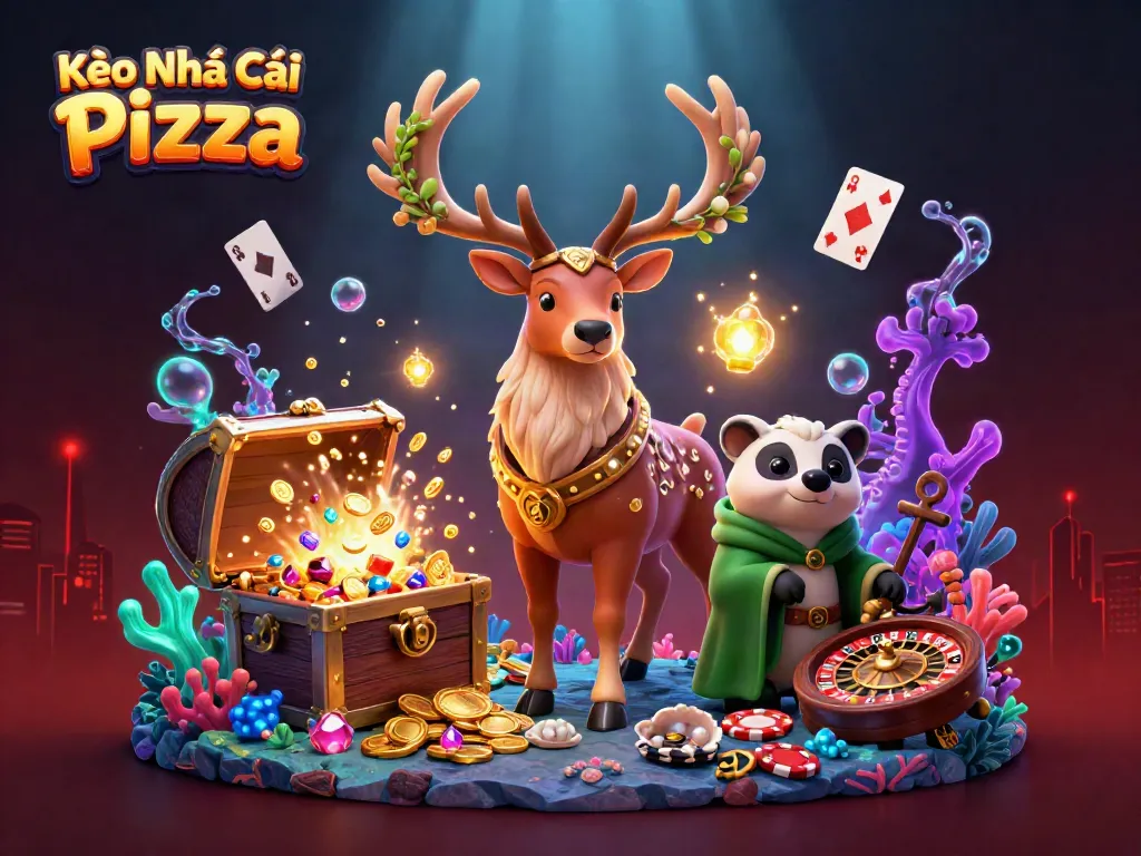 Kèo Nhà Cái Pizza showcases a vibrant casino scene with a druid and badger amid glowing elements.