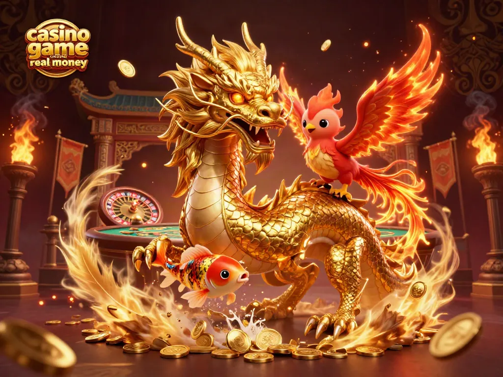 Play thrilling casino game online real money with a fierce dragon, phoenix, and koi fish in a vibrant casino scene.