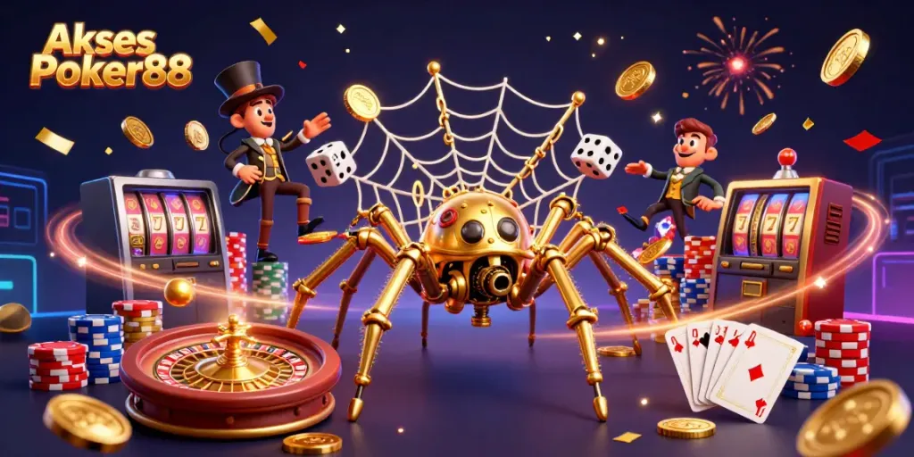 Experience Akses Poker88 with a dynamic 3D illustration filled with casino excitement and rich details.