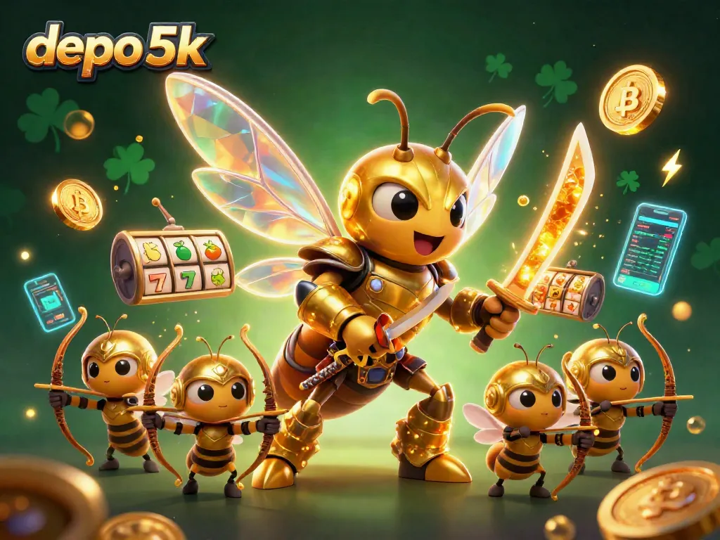 Engage with the vibrant world of depo 5k online slots through dynamic 3D illustration featuring captivating slot game elements.