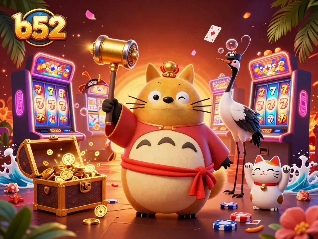 B52 casino illustration showcasing a cheerful tanuki and crane in a vibrant gambling setting with slot machines.